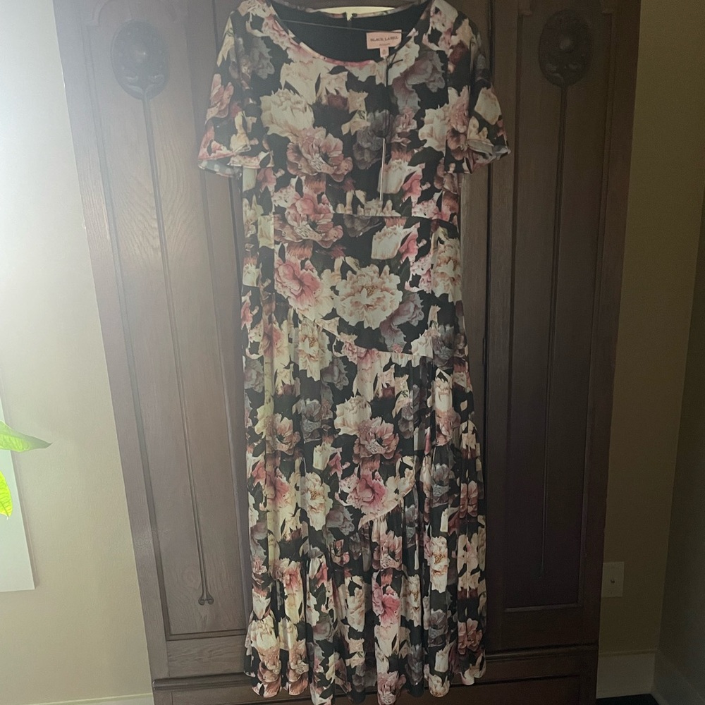 NWT Chico's Black Label Black Maxi Dress with Pink Floral Pattern